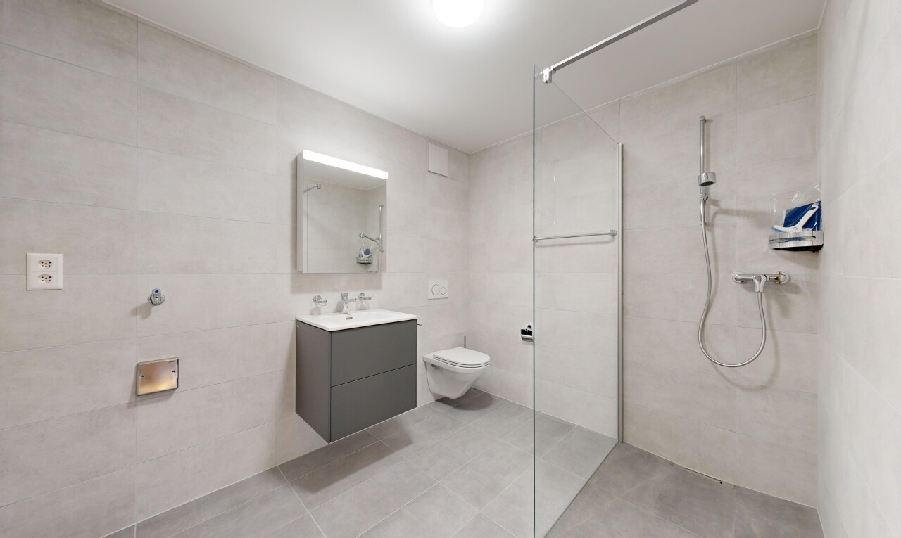 salle de bains avec miroir, toilettes, douche, meuble-lavabo, et mur carrelé
