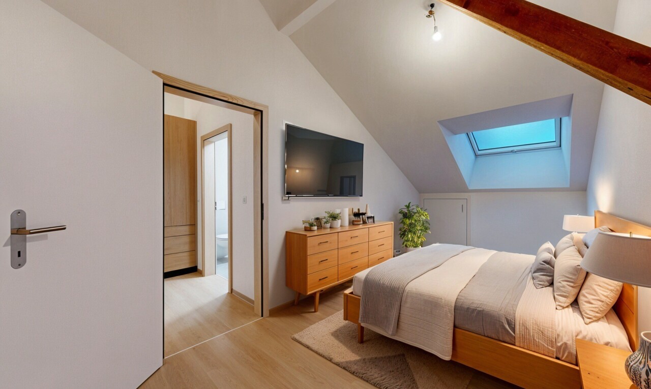 chambre avec télévision, plafond voûté, cloison sèche, sol en finition bois, et puits de lumière