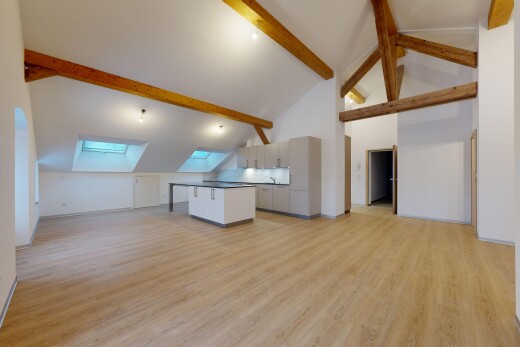 espace intérieur avec lucarne, haut plafond, plancher de bois, poutres apparentes, et plafond voûté