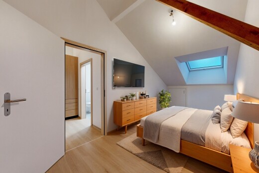 chambre avec télévision, plafond voûté, cloison sèche, sol en finition bois, et puits de lumière
