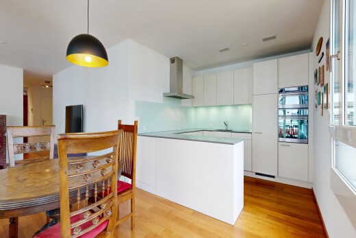 küche mit dunstabzugshaube, holzfußboden, wood finish floor, küchentheke, und kitchen peninsula