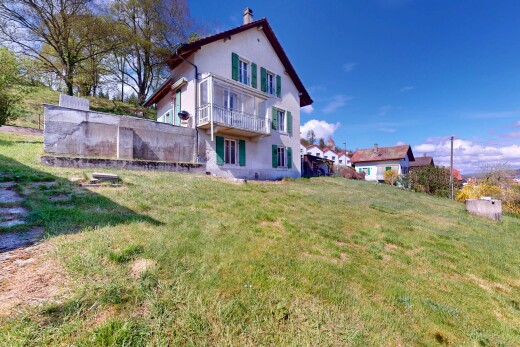 façade avec balcon, cheminée, bardage en stuc, et pelouse