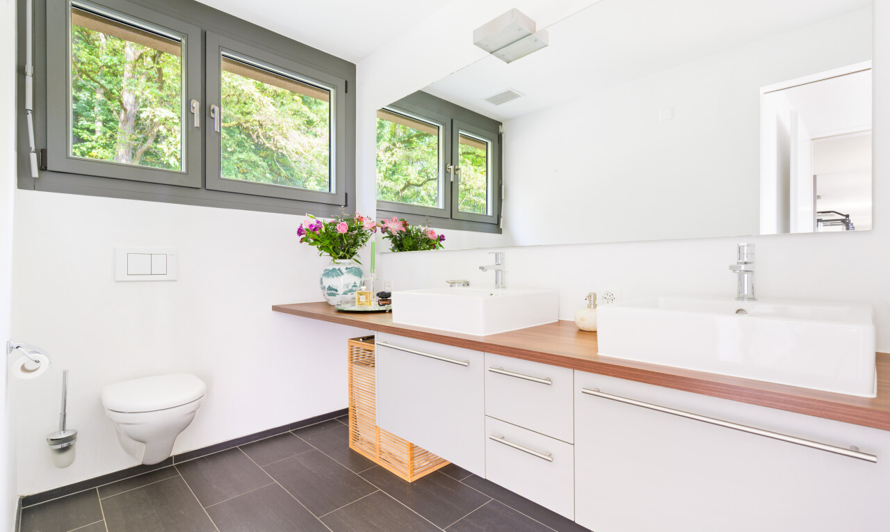 bad mit doppelwaschtisch, inside property, drywall, gipskartonwand, und natural light