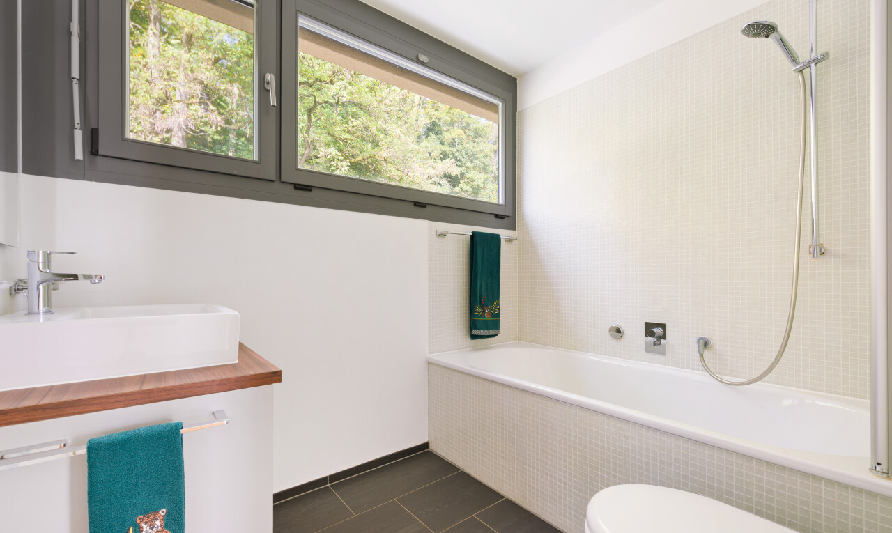 bad mit natürliches licht, natural light, schminktisch, inside property, und fliesenboden