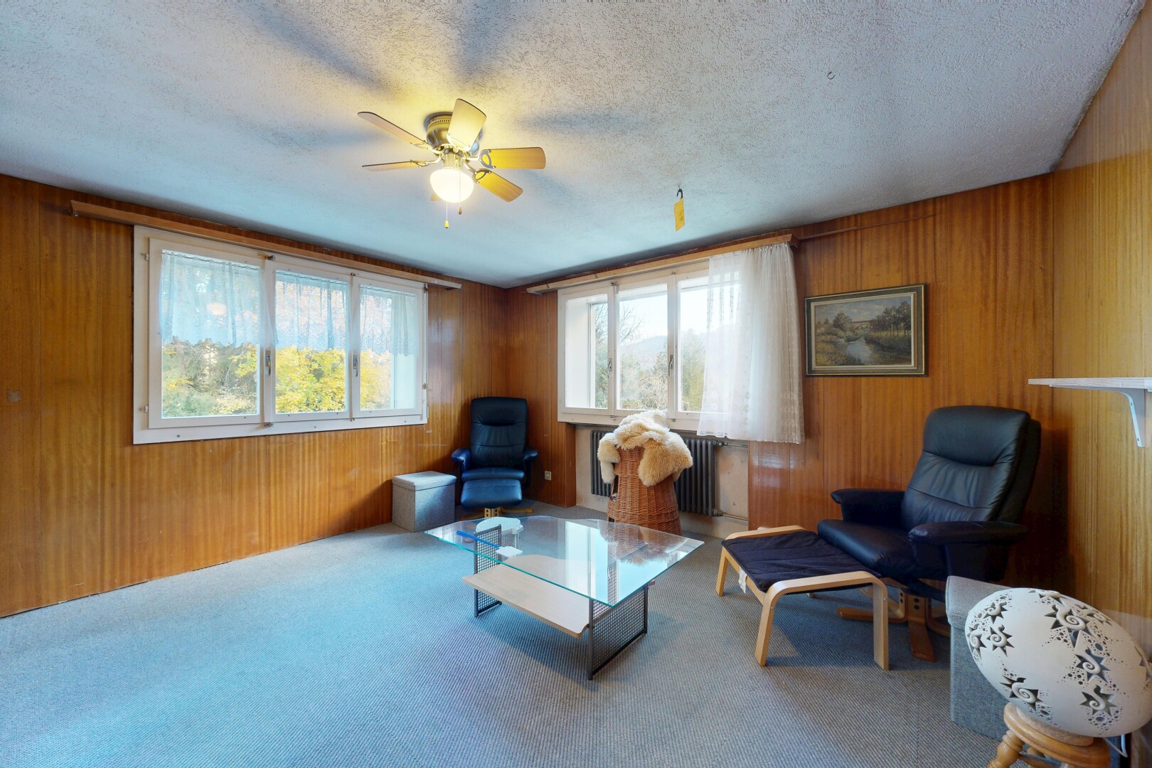 salon avec carpet, moquette, inside property, wood wall, et mur en bois