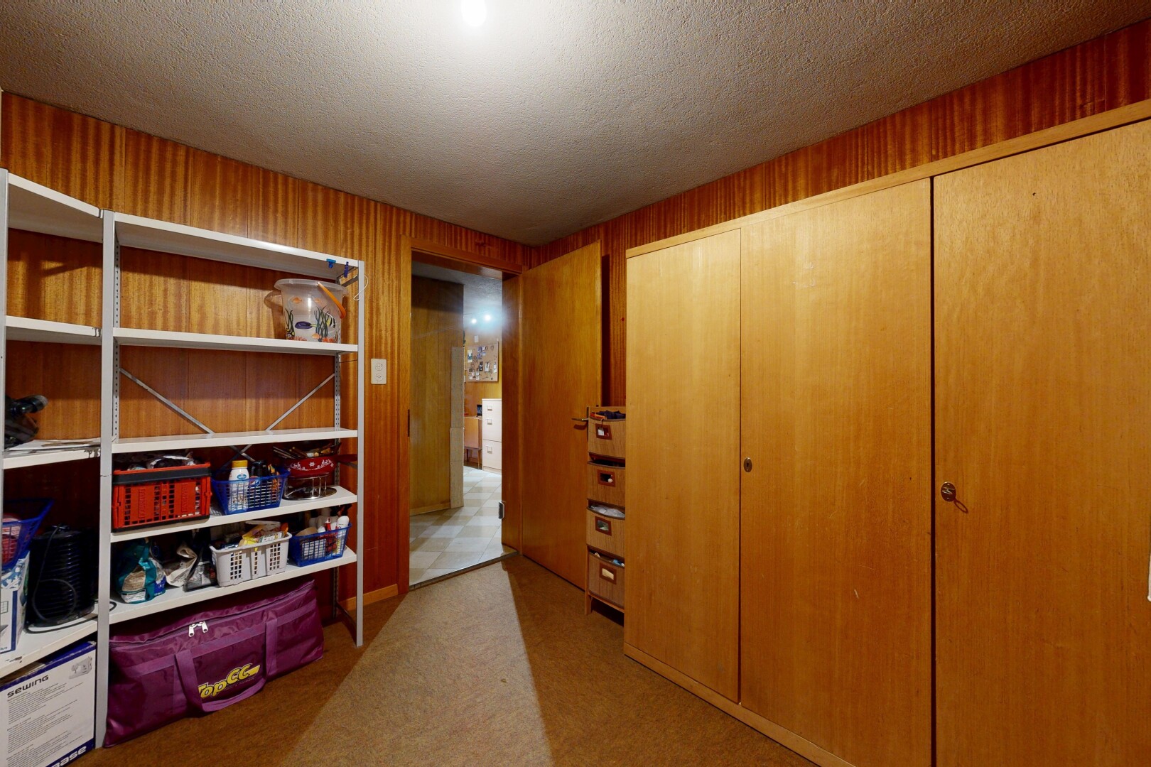 couloir avec inside property, wood wall, mur en bois, carpet, et moquette