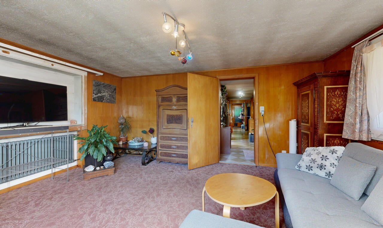 salon avec télévision, carpet, moquette, wood wall, et mur en bois