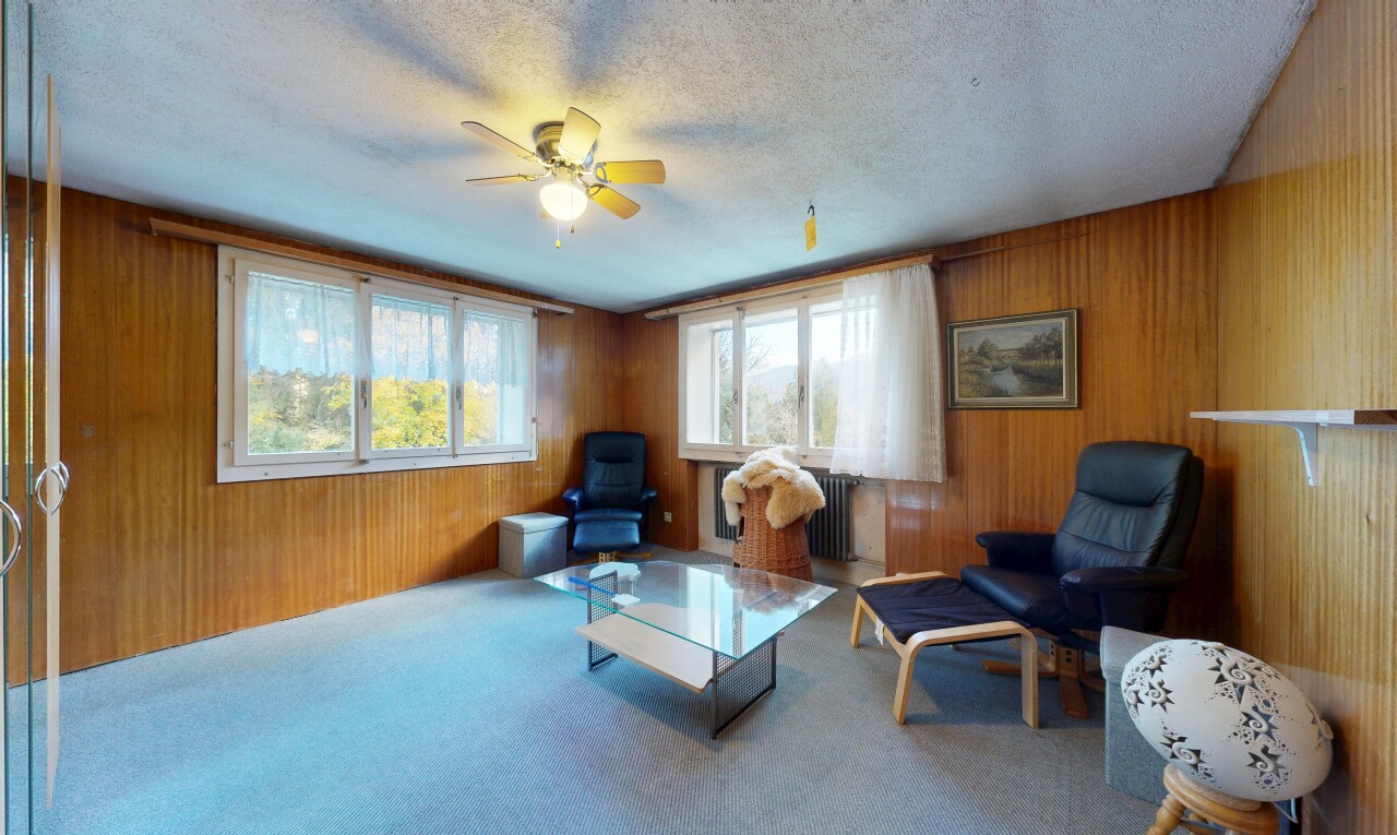 salon avec carpet, moquette, inside property, wood wall, et mur en bois