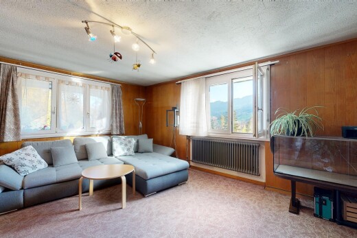 wohnzimmer mit holzwand, wood wall, kühler, natürliches licht, und natural light