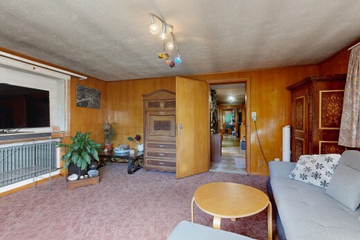 wohnzimmer mit fernseher, carpet, teppich, wood wall, und holzwand