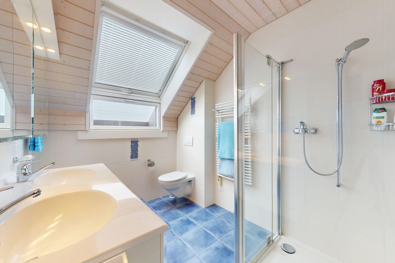 bad mit komplettes badezimmer, dusche, spiegel, schminktisch, und natürliches licht