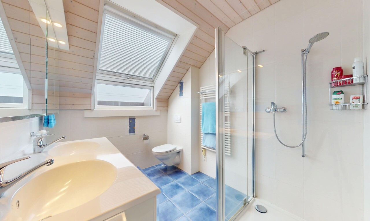 bad mit komplettes badezimmer, dusche, spiegel, schminktisch, und natürliches licht