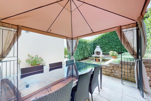 terrasse mit kamin, pavillon, essbereich im freien, terrasse, und from property