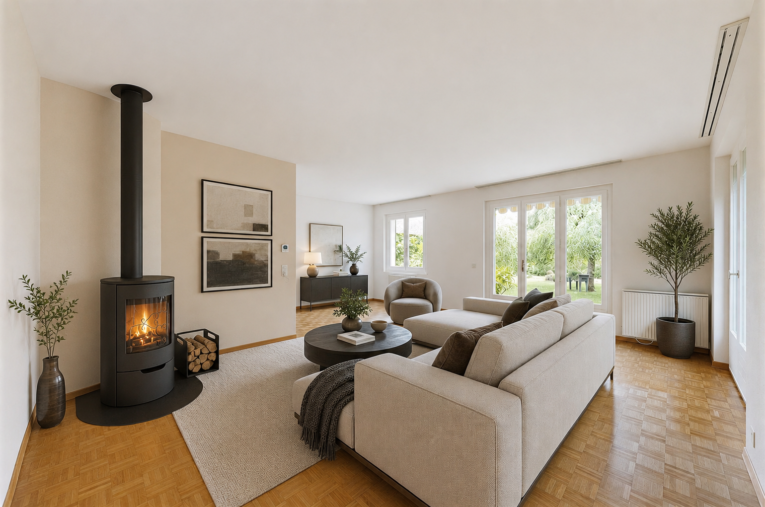 wohnzimmer mit holzfußboden, wood finish floor, parquet floor, kamin, und inside property
