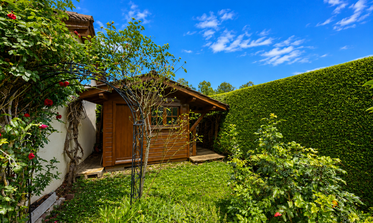 garten mit außenansicht, schuppen, from property, und day time