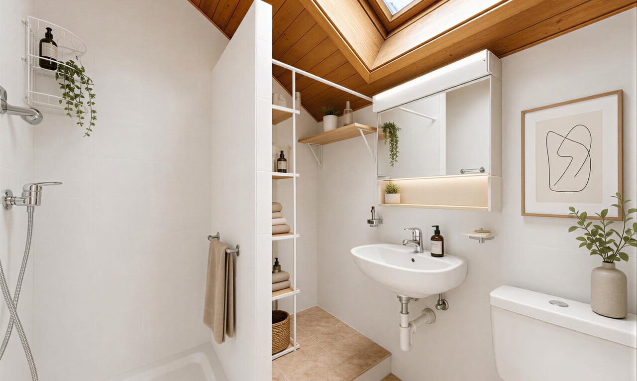 bad mit spiegel, fliesenwand, tile wall, inside property, und komplettes badezimmer