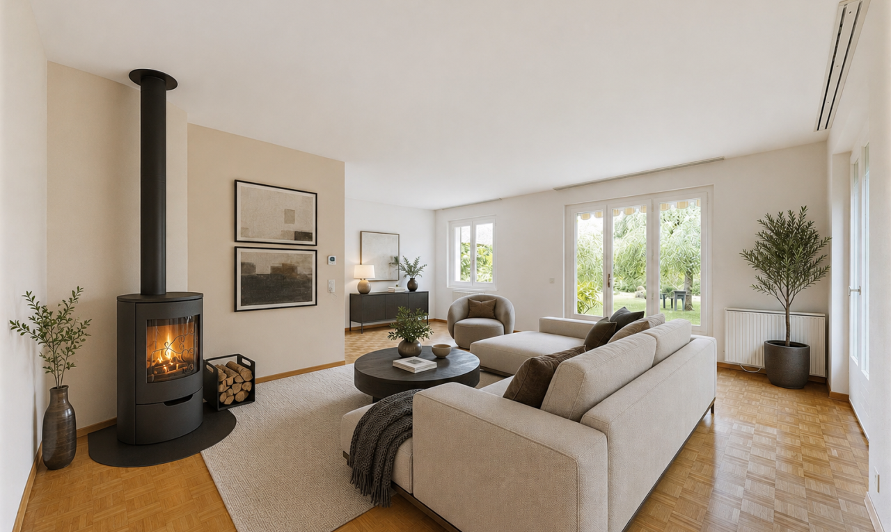 wohnzimmer mit holzfußboden, wood finish floor, parquet floor, kamin, und inside property