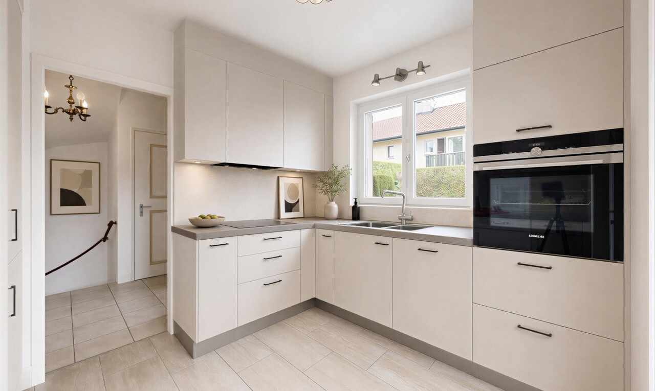 küche mit hellbraune schränke, light brown cabinets, ofen, light floor, und dark countertops