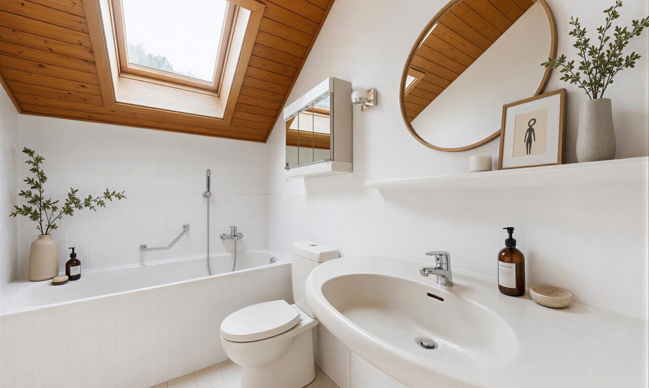 bad mit bad, spiegel, komplettes badezimmer, fliesenwand, und tile wall