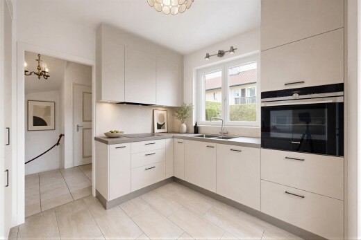 küche mit hellbraune schränke, light brown cabinets, ofen, light floor, und dark countertops