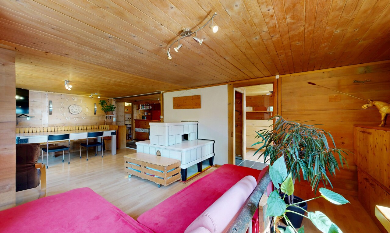 salon / salle à manger avec plafond en bois, wood ceiling, éclairage sur rail, track lighting, et sol en finition bois
