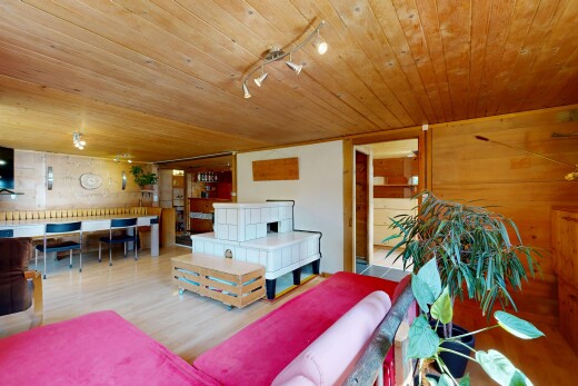 salon / salle à manger avec plafond en bois, wood ceiling, éclairage sur rail, track lighting, et sol en finition bois