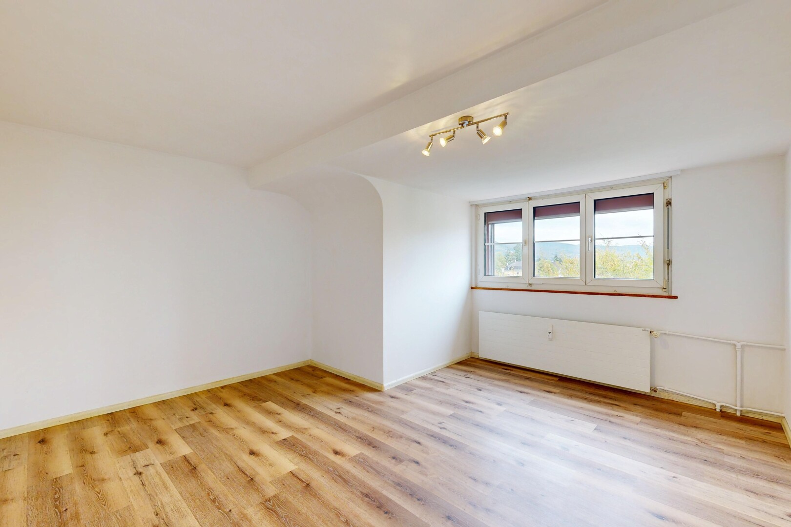 empty room with rail lighting and light wood-style floors