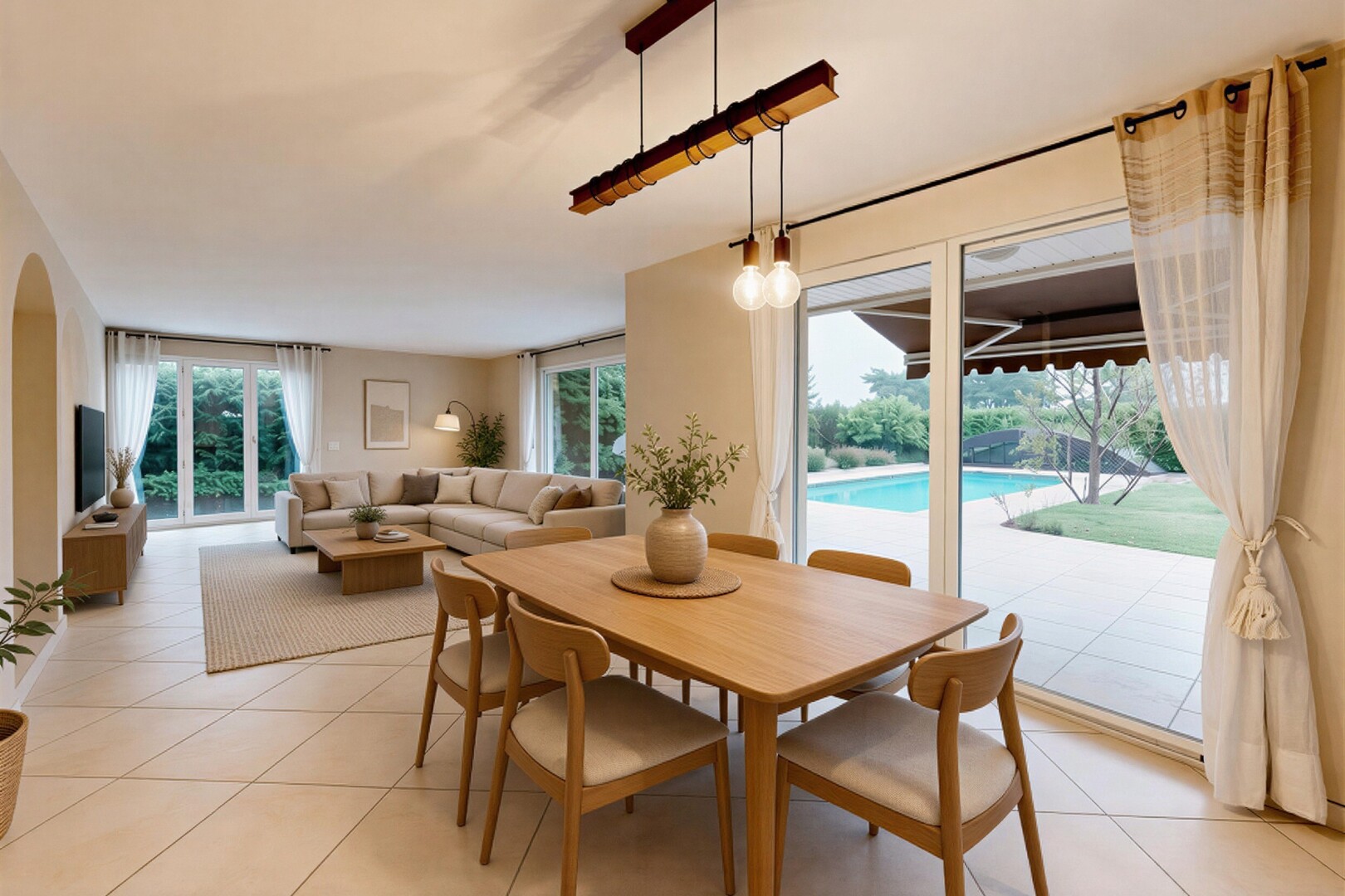 salon / salle à manger avec vue sur la piscine, cloison sèche, drywall, inside property, et lumière naturelle
