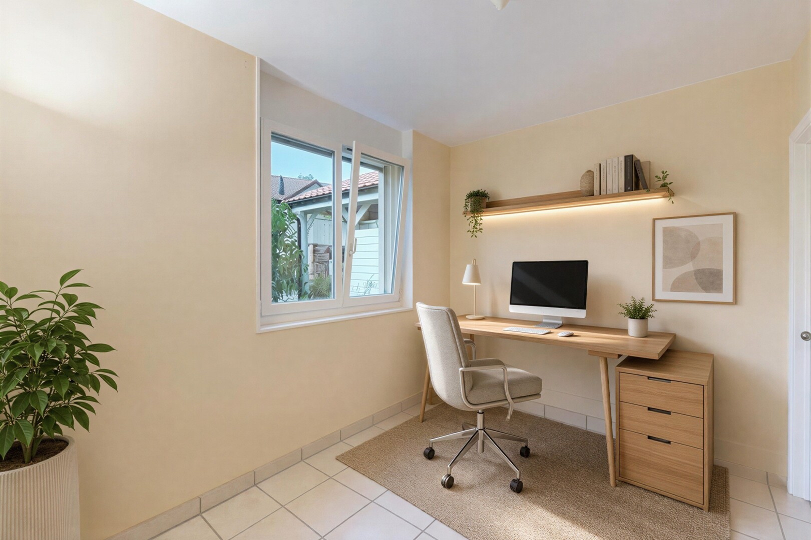 bureau avec télévision, natural light, lumière naturelle, drywall, et cloison sèche
