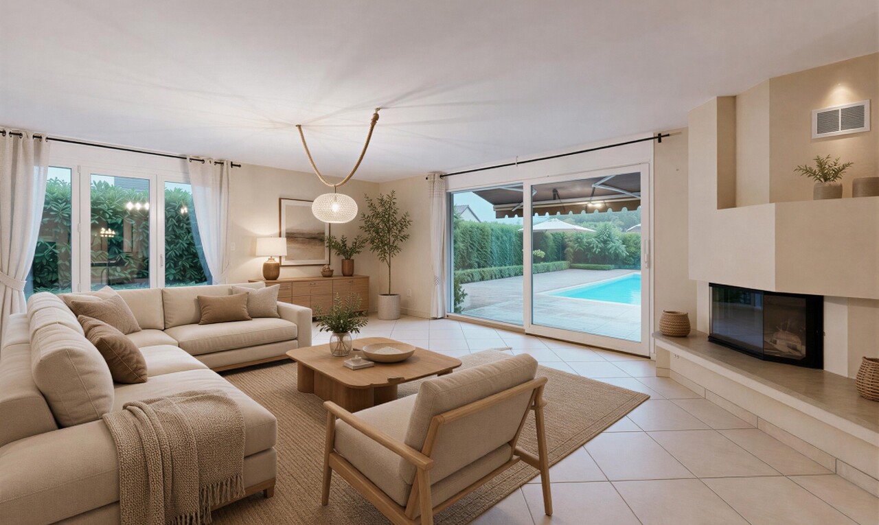 salon avec vue sur la piscine, sol en carrelage, tile floor, cloison sèche, et drywall