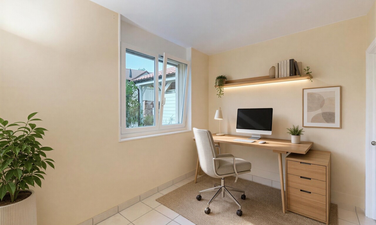 bureau avec télévision, natural light, lumière naturelle, drywall, et cloison sèche