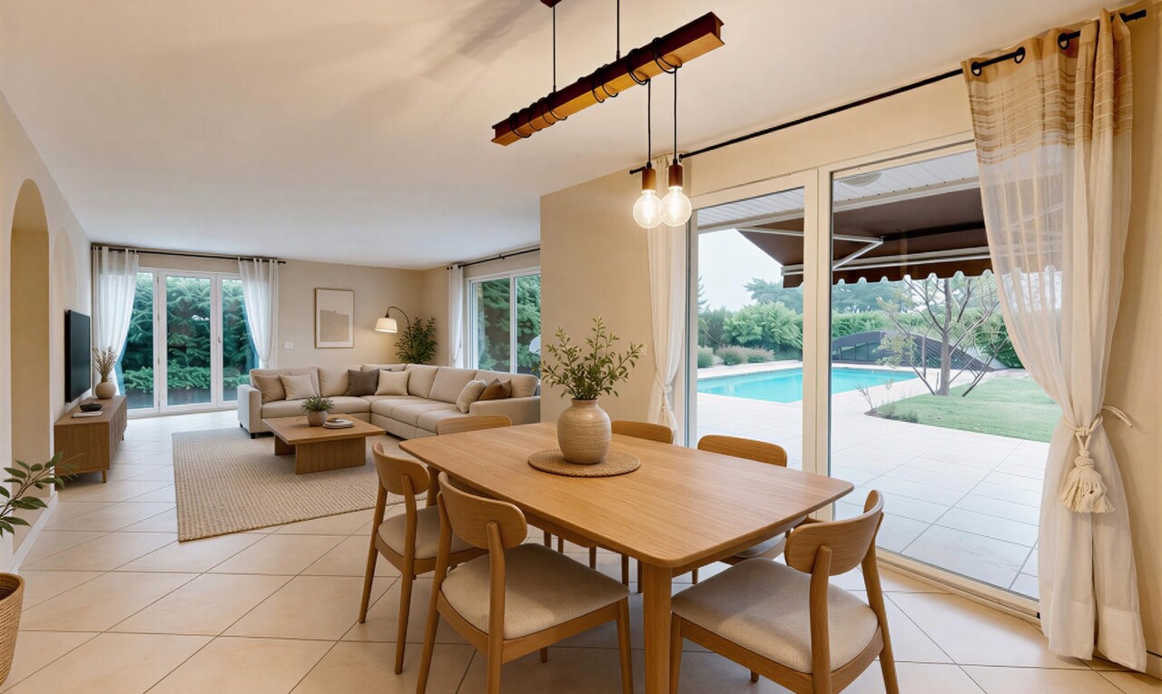 salon / salle à manger avec vue sur la piscine, cloison sèche, drywall, inside property, et lumière naturelle