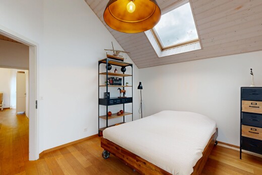 room with light wood finished floors, a skylight, and vaulted ceiling
