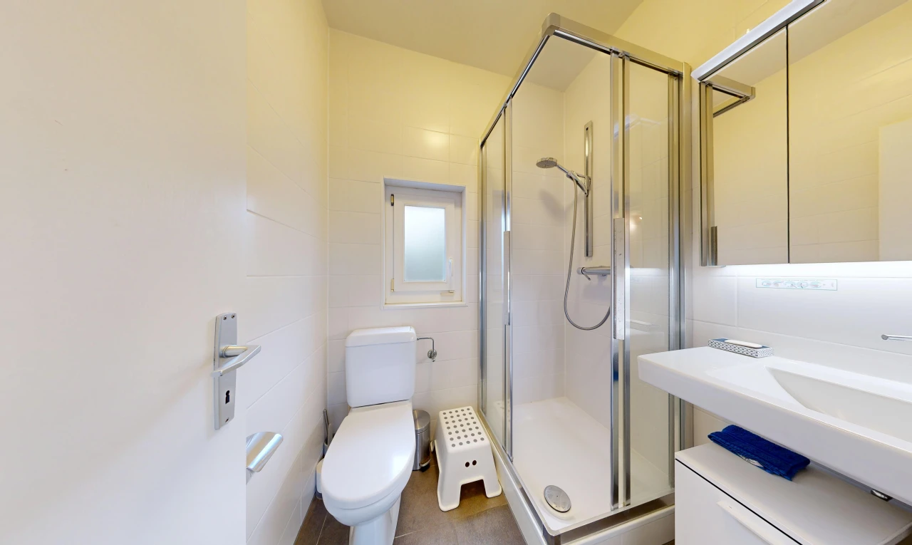 salle de bains avec douche, salle de bain complète, toilette, miroir, et inside property