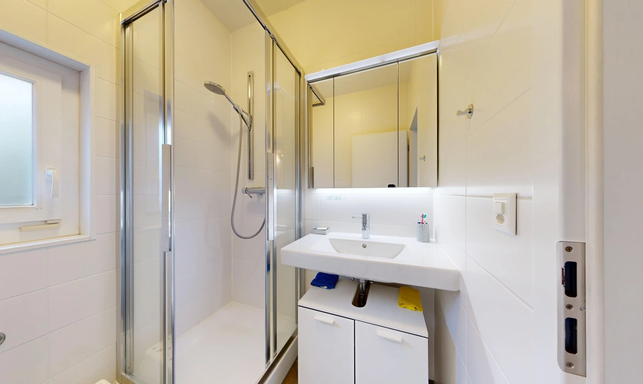 salle de bains avec miroir, douche, salle de bain complète, inside property, et lavabo (ou coiffeuse selon le contexte)