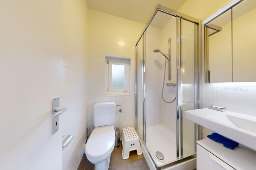 bad mit dusche, komplettes badezimmer, toilette, spiegel, und inside property