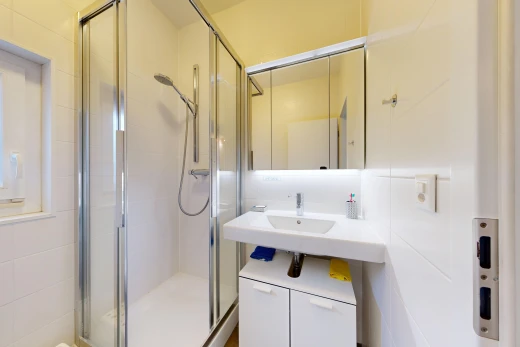 salle de bains avec miroir, douche, salle de bain complète, inside property, et lavabo (ou coiffeuse selon le contexte)