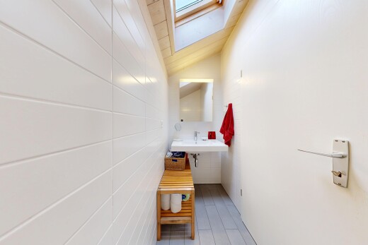 bad mit spiegel, dachfenster, dachschräge, vaulted ceiling, und waschbecken