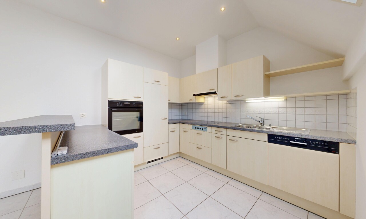 küche mit two heights countertops, open shelves, offene regale, geschirrspülmaschine, und dark countertops