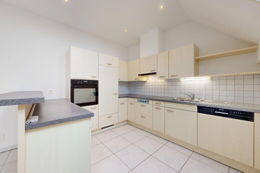 küche mit two heights countertops, open shelves, offene regale, geschirrspülmaschine, und dark countertops