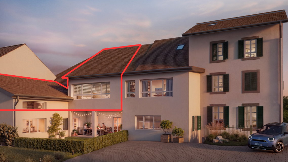 façade avec bardage en stuc, rendered, dusk, toit en bardeaux, et aire de stationnement