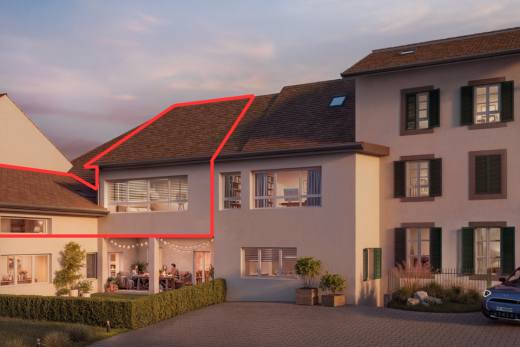 façade avec bardage en stuc, rendered, dusk, toit en bardeaux, et aire de stationnement