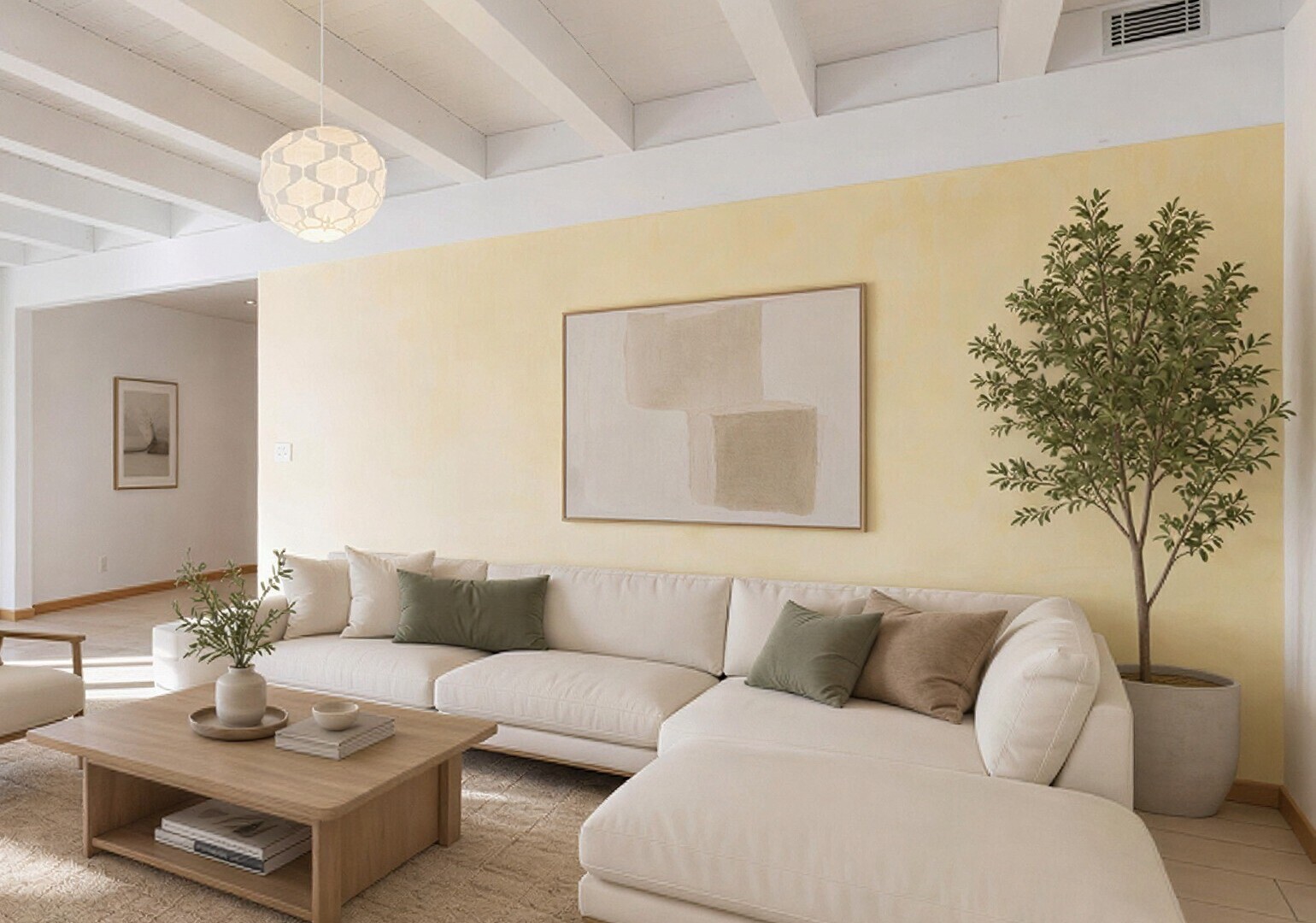 salon avec beamed ceiling, plafond à poutres, high end ceiling, drywall, et cloison sèche