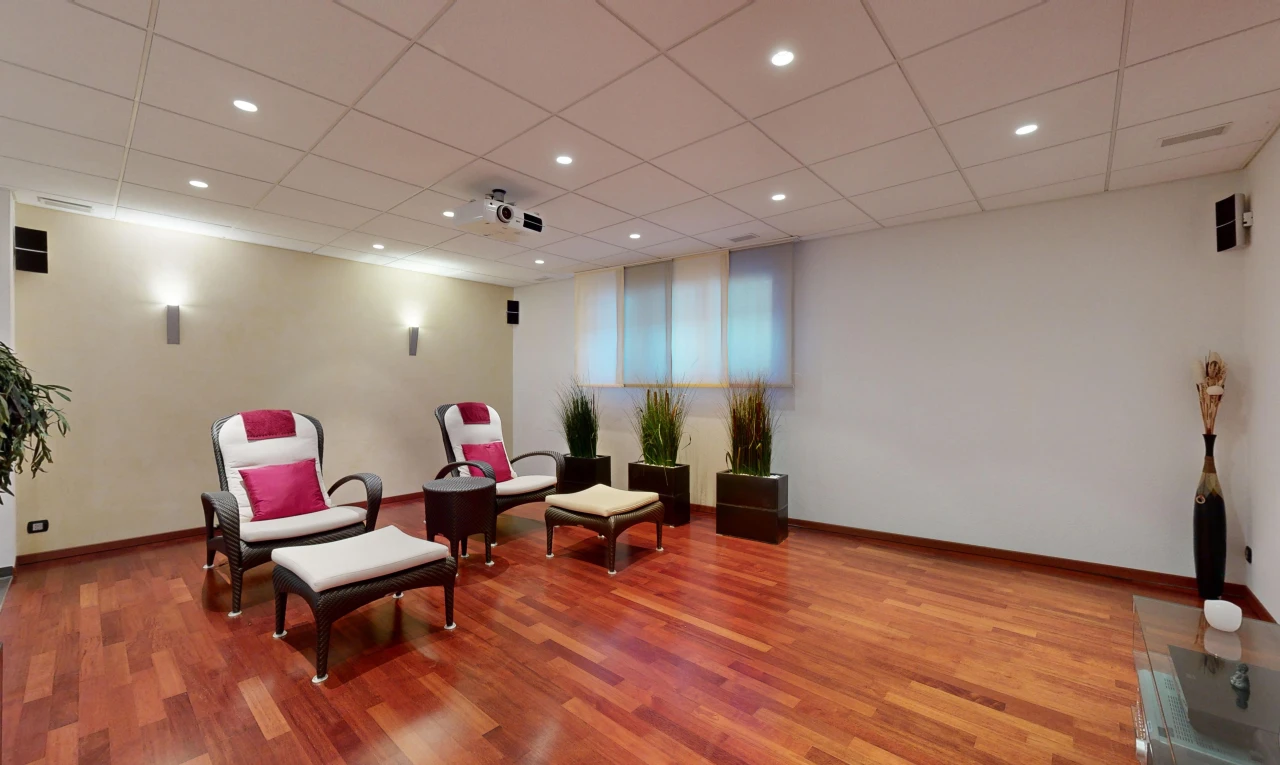 salon avec lumière naturelle, faux plafond, et plancher de bois