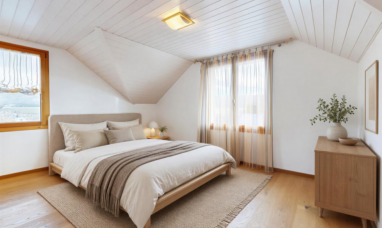chambre avec wood finish floor, sol en finition bois, drywall, cloison sèche, et virtually staged