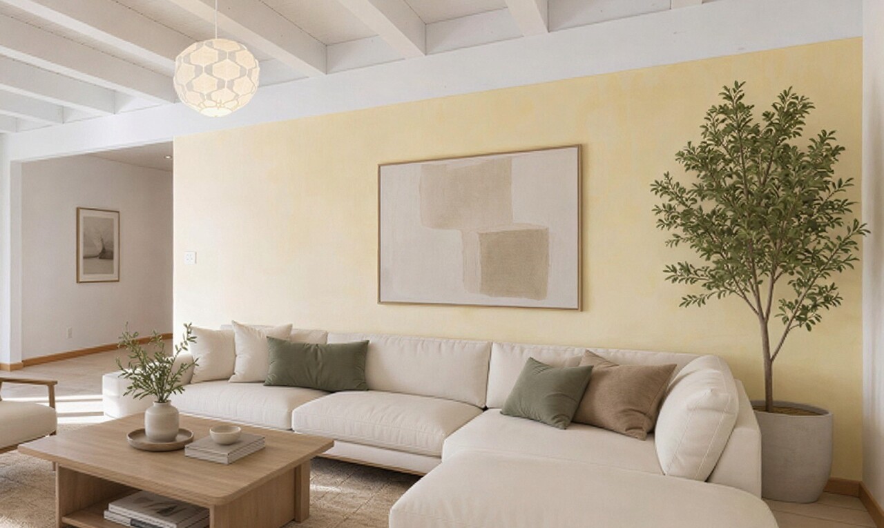 salon avec beamed ceiling, plafond à poutres, high end ceiling, drywall, et cloison sèche