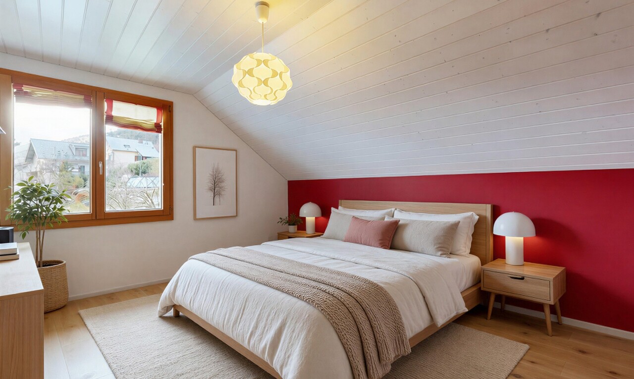 chambre avec pièce supplémentaire, plafond voûté, vaulted ceiling, sol en finition bois, et wood finish floor