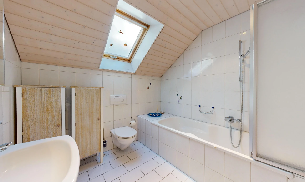 salle de bains avec plafond voûté, carrelage, mur carrelé, et lucarne