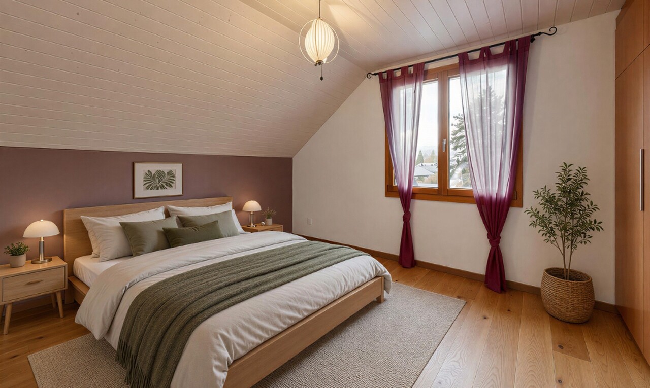 chambre avec pièce supplémentaire, sol en finition bois, wood finish floor, plafond voûté, et vaulted ceiling