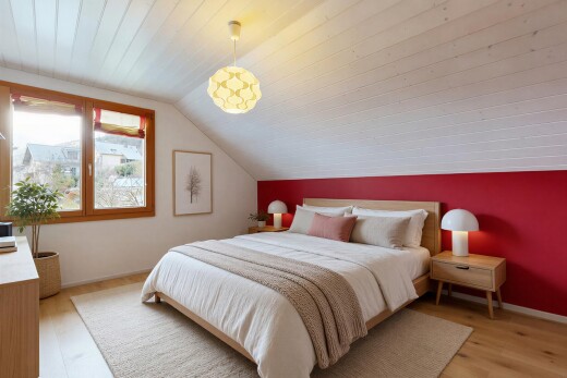 chambre avec pièce supplémentaire, plafond voûté, vaulted ceiling, sol en finition bois, et wood finish floor